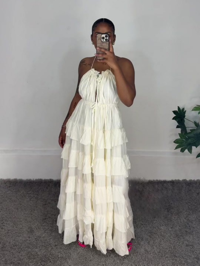 Maxi Dress Halter - Fashion Sleeveless Ruffles Ball Gown Halter