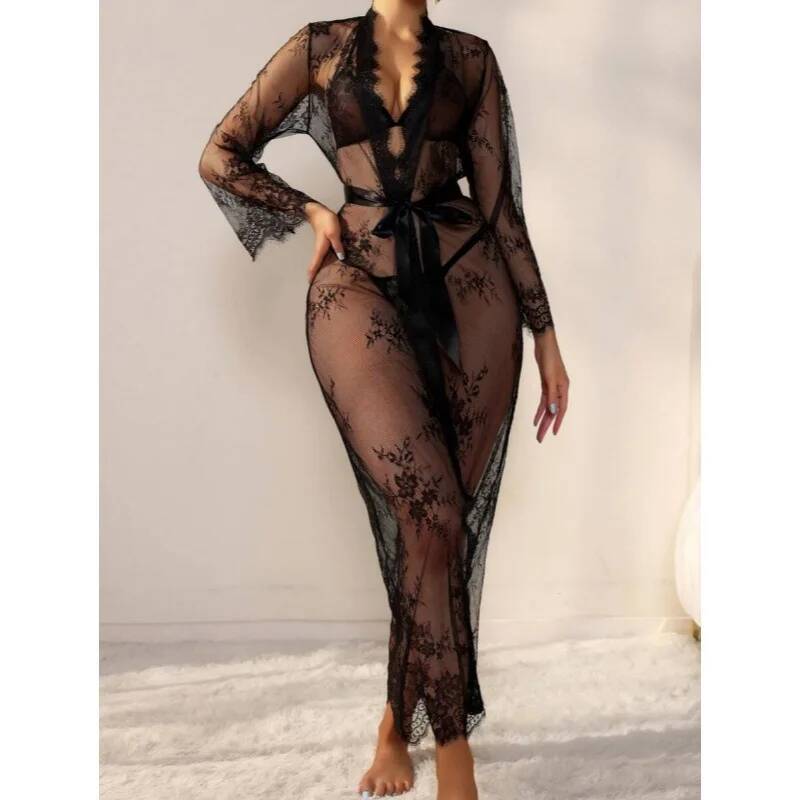 Black Lace Sheer Long Robe For - Kimono Sheer Floral 评论和价格