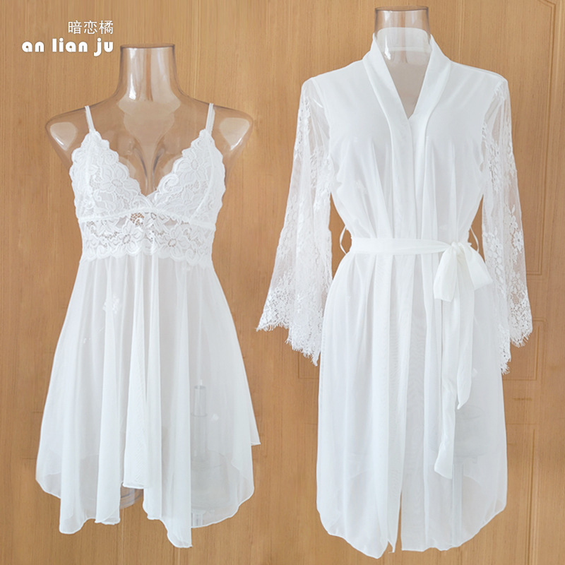Women White Nightwear Set Flor - Kimono Sheer Floral 评论和价格