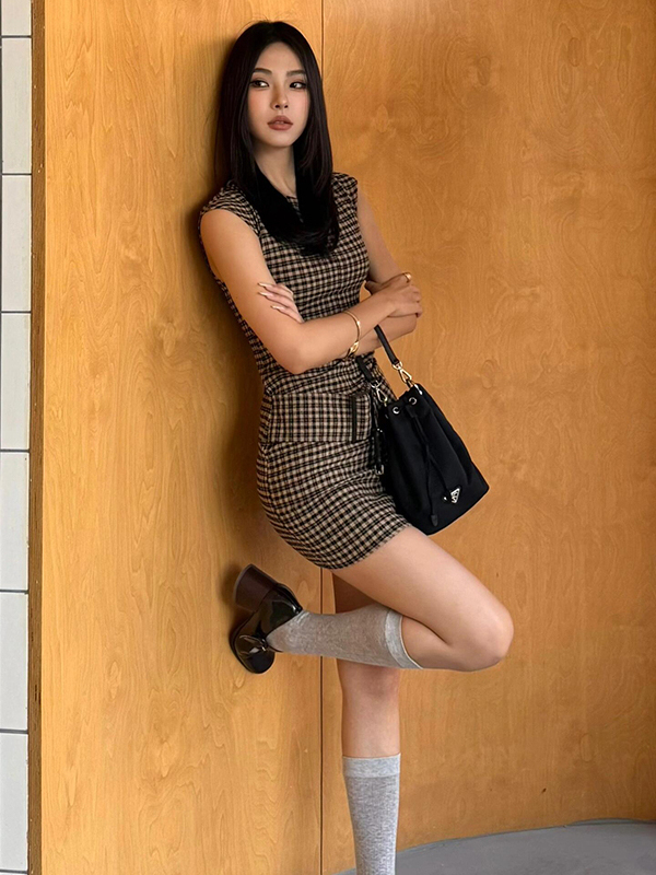 Retro Korean Plaid Slimming Ve - Linen Dress Wrap 评论和价格
